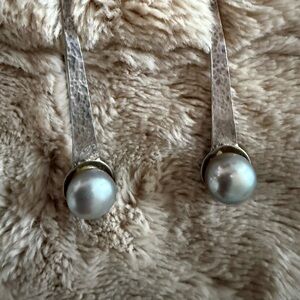Silver Hammered Drop Earrings with Pearls